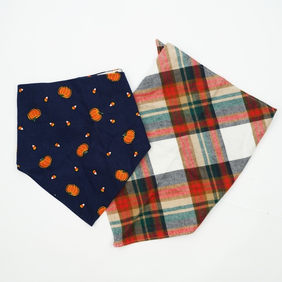 New JCREW Size S / M Crewmutts Dog Bandana Set of 2 Plaid and Pumpkins $29 BU459 - Picture 4 of 5